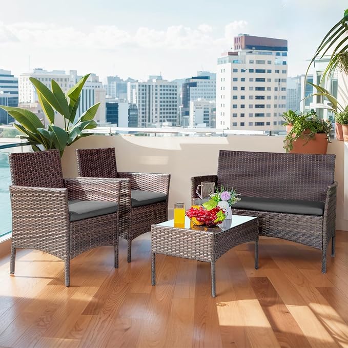 PROHIKER 4 Piece Outdoor Wicker Patio Conversation Furniture Set, Rattan Chair Wicker Sofa Garden Conversation Sets with Cushion and Glass Table for Yard Pool or Backyard, Brown/Dark Gray
