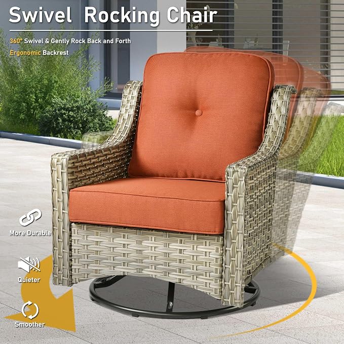 HOOOWOOO 5 Piece Patio Furniture Conversation Sets with Swivel Rocking Chairs,Outdoor Wicker Furniture with LED Tablet,All Weather Resistant High Back Rattan Conversational Set(Red)
