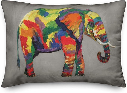 Bright Elephant on Gray Indoor/Outdoor Pillow | Decorative Pillows for Living Room Couch Bed Sofa Patio, Fluffy Soft Cushion | Water Resistant Multi, 14x20