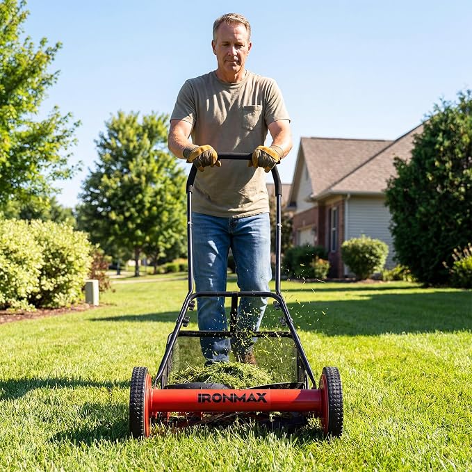 IRONMAX 18 Inch 5-Blade Push Reel Lawn Mower, 9-Level Adjustable Cutting Heights, Removable Grass Catcher, Lightweight No Motor Walk-Behind Manual Grass Cutter for Garden Yard Park (Red, 18 Inch)