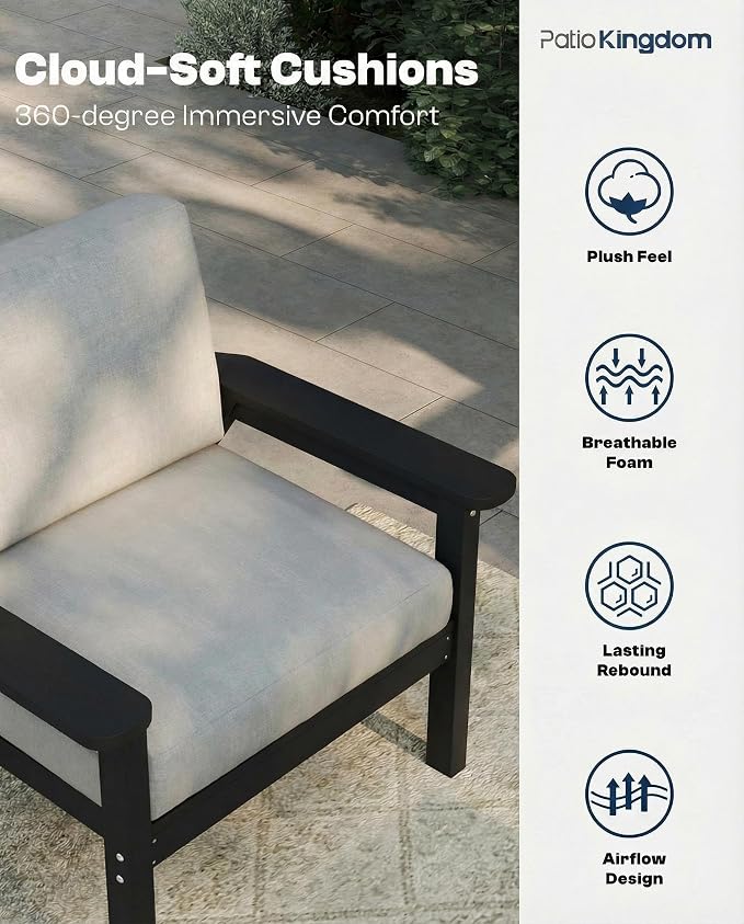 7 Piece Patio Conversation Sets, Outdoor Couch with Washable Thick Gray Cushions, HDPE Patio Furniture Set, Outdoor Sectional Furniture for Backyard, Deck, Lawn, Porch (Black Frame)