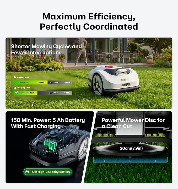 Raccoon 2 SE Robot Mower with Ground Stake, Auto Mapping Robotic Lawnmower for 0.15 Acre with APP Control, Vision Navigation with AI Obstacle Avoidance, Ideal Robot Mower for Small Lawns