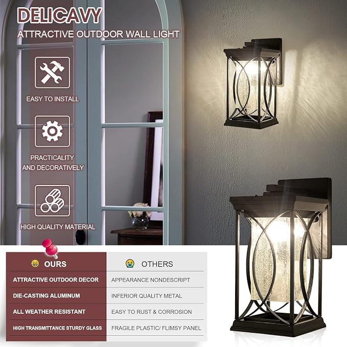 Dusk to Dawn Modern Outdoor Coach Lantern Exterior Light Fixtures Black Aluminum with Crack-Like Glass Waterproof Wall Sconce Mission Outside Light for House Front Porch Lighting