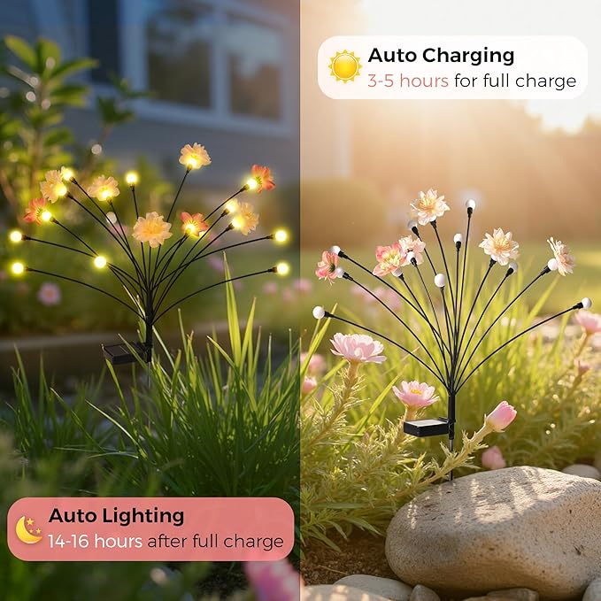 PEVOROS Solar Garden Lights, Warm White LED Swaying Solar Flowers Light for Outside, Waterproof Garden Decor, Outdoor Decorative Lights Yard, Patio, Pathway Decoration Gardening Gifts (8 Pack)
