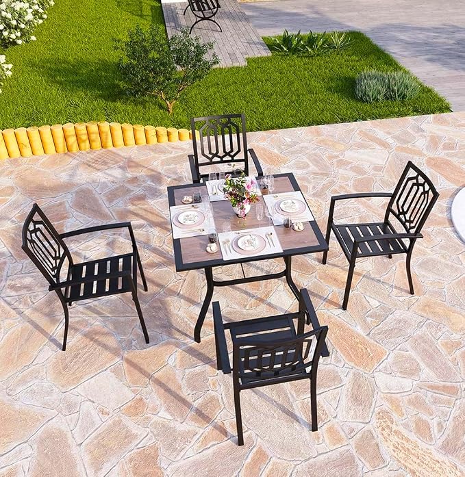 PHI VILLA 5 Pcs Patio Dining Set for 4, 37" Square Wood-Like Table | 37" Square Metal Table with Polywood Top & Stacking Wrought Iron Chairs, Outside Furniture for Patio, Deck, Yard, Porch