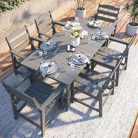THOEOE 7 Piece Outdoor Dining Set, Patio Dining Table and 6 Chairs, All-Aluminum Frame, All-Weather HDPE Outdoor Furniture with Umbrella Hole for Garden, Lawn, Poolside, Grey
