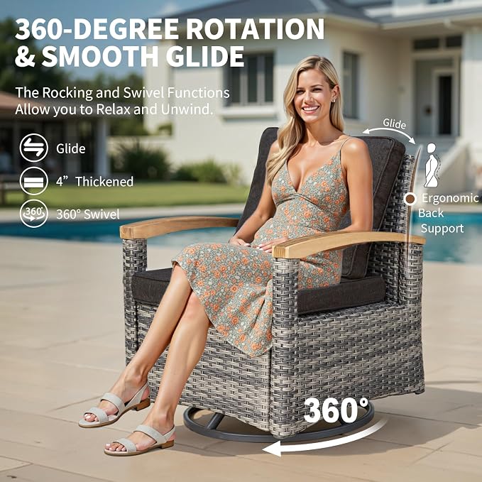 MEISSALIVVE 10 Pieces Patio Furniture Sets,Wicker Patio Conversation Sets with 4 Wood Armrests Swivel Glide Chairs, 2 Ottoman, 3-seat Sofa and Coffee Table (Black)