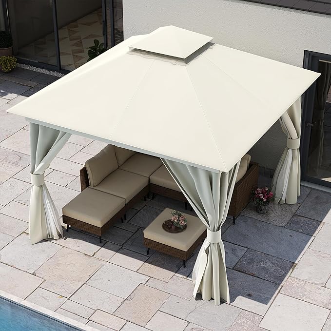 LAUSAINT HOME 10'x10' Outdoor Gazebo, Metal Frame Heavy Duty Patio Canopy Tent Shelter with Double Roofs, Mosquito Nettings and Privacy Screens for Backyard, Garden, Lawn, Cream White