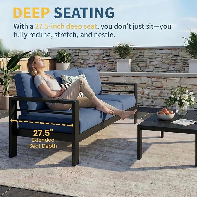Wisteria Lane Aluminum Patio Furniture Set for All Weather, Oversized Metal Outdoor Furniture Set with 27.5" Deep Seat and 10" Back Cushion, Patio Conversation Sets with Wide armrest, Blue