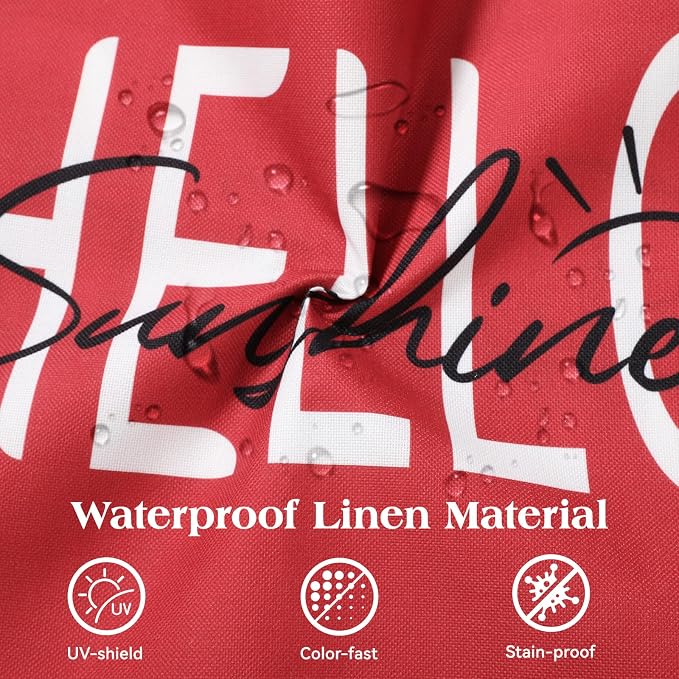 Lewondr Waterproof Outdoor Throw Pillow Cover, 18×18", Red | 2 Pack, Hello Sunshine Printing, Summer Garden Decor, For Patio Sofa, Balcony Couch, Bench Porch