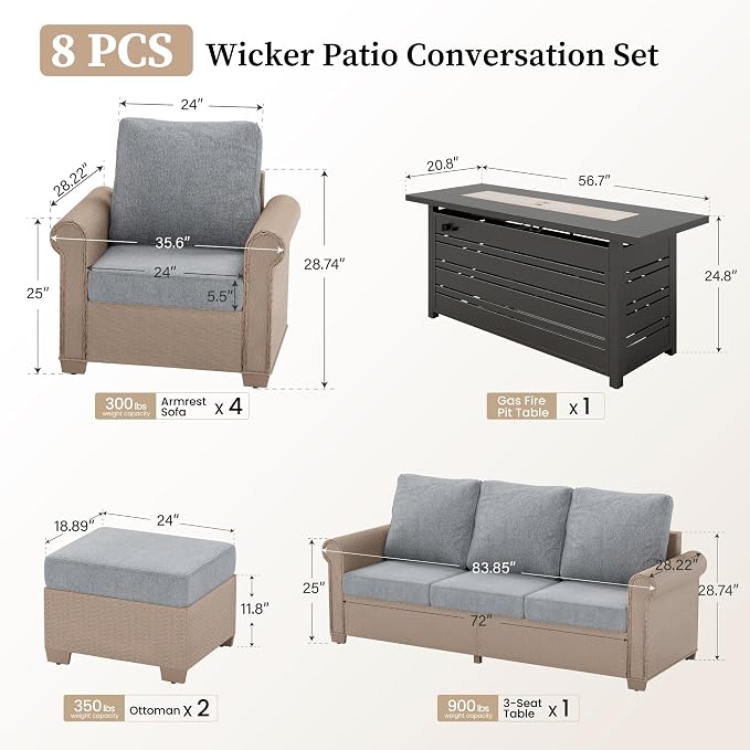 Patio Furniture Set 8 pcs, Wicker Rattan Outdoor Furniture with 5.5” Thick Cushions, 3-Seat Sofa, 4 Chairs, 2 Ottomans and 56" Fire Pit Table, Outdoor Conversation Set for Backyard Deck, 9 Seats Grey
