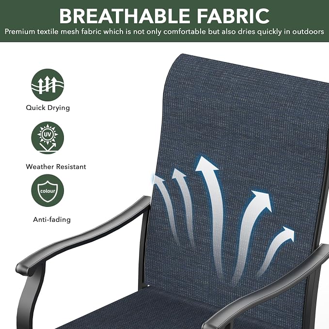 Patio 63"x38"x28" Table and Navy Blue Swivel Chairs Dining Set for 6 Person | 6 Piece Swivel Chairs: High Back, Retro Armrest, Textilene Fabric, Rocking; 63"x38"x28" Metal Rectangle Table, All Weather
