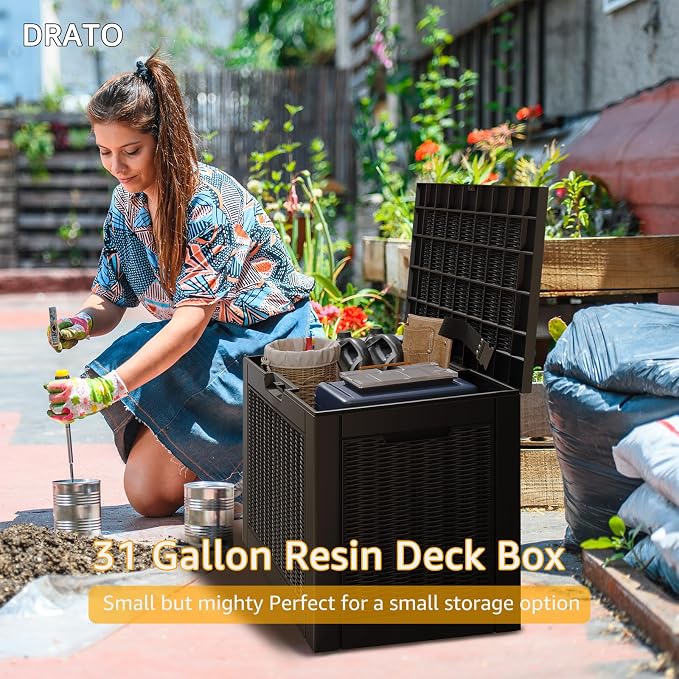 DRATO 31 Gallon Deck Box, Outdoor Storage Box for Patio Cushion, Garden Tools, Waterproof Resin Storage Box (Black, 31 Gallon)