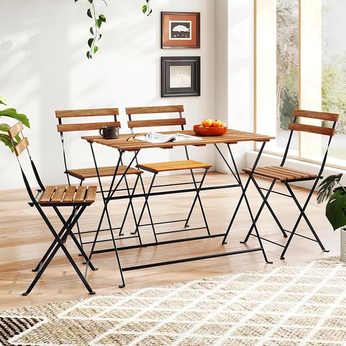 Giantex 5-Piece Outdoor Dining Table Set for 4, Acacia Wood Bistro Table with 4 Folding Patio Chairs, Slatted Seat & Tabletop, Metal Frame, for Yard Porch Garden Poolside (Black + Brown)