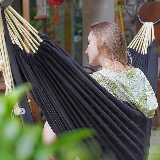 GOCAN Double Hammock 2 Person Extra Large 330X150cm Load Capacity 600Pound Canvas Cotton Hammock for Patio Porch Garden Backyard Lounging Outdoor and Indoor XXL(Black)