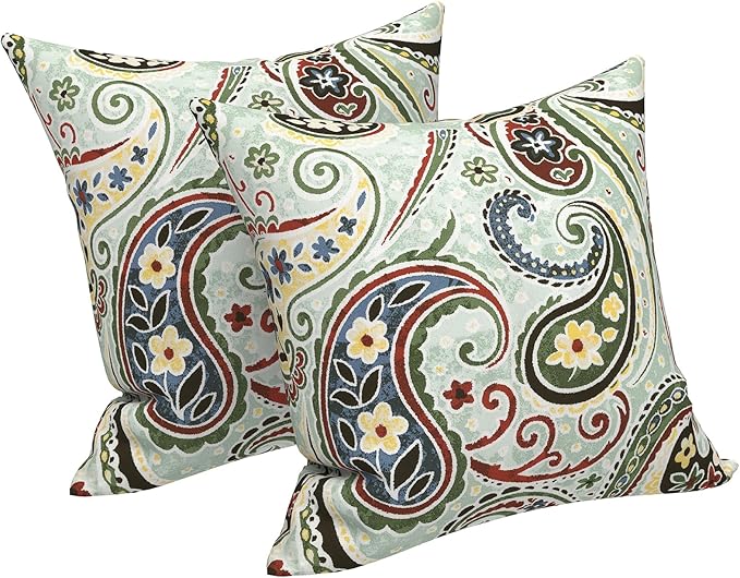 LVTXIII 2 Pack Outdoor Pillows 18x18 Inch, Square Throw Pillows with Inserts, Decorative Water-Repellent Pillow Cushions for Patio Furniture and Garden Sofa, Paisley Light Cyan