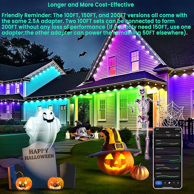 Smart Permanent Outdoor Lights for House, 100ft with 60 RGB Permanent Christmas Lights, P67 Waterproof with DIY Scene for Halloween Christmas Decor, Remote Control, Work with Alexa,Google Assistant