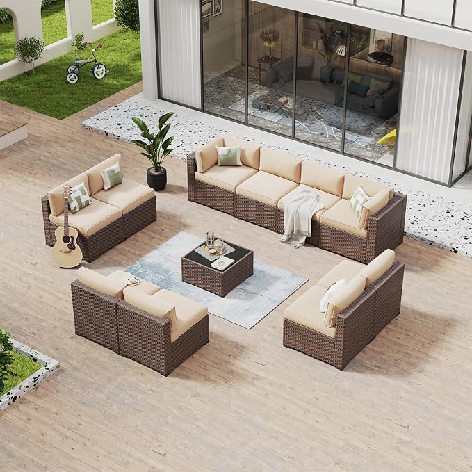Aoxun 11 Piece Patio Furniture Set Wicker Rattan Patio Conversation Set Outdoor Sectional Sofa Set with Coffee Table and Thickened Cushions, Beige