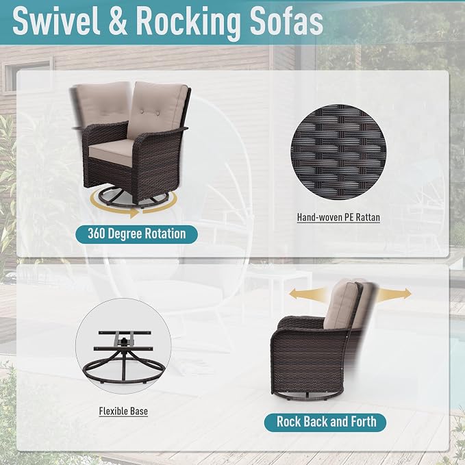 ALAULM 8 Pieces Patio Furniture Set with 2 Swivel Chairs Wicker Patio Conversation Set, Outdoor Sectional Furniture w/Coffee Table & Washable Seat Cushions-Sand