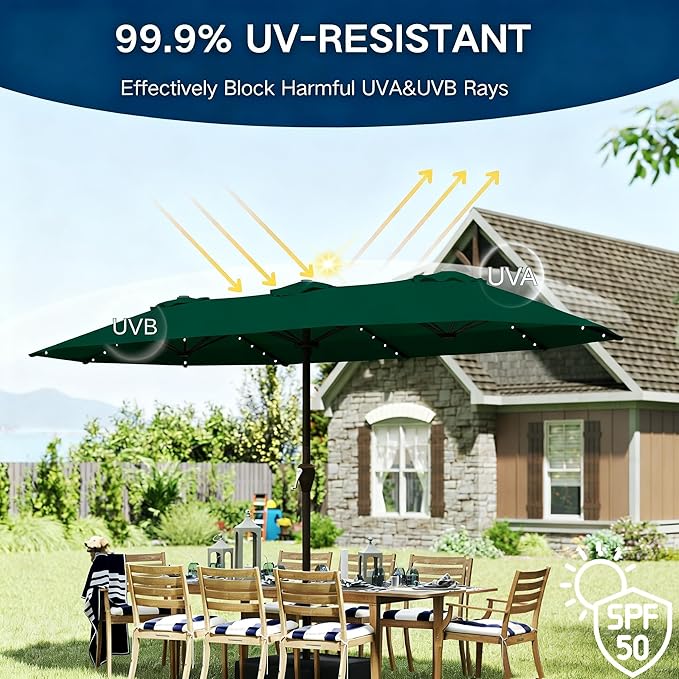 15ft Large Patio Umbrella with Solar Lights and Base, Double-Sided Outdoor Rectangle Umbrella with 48 LED Lights, Market Table Umbrellas with UV Resistant Canopy