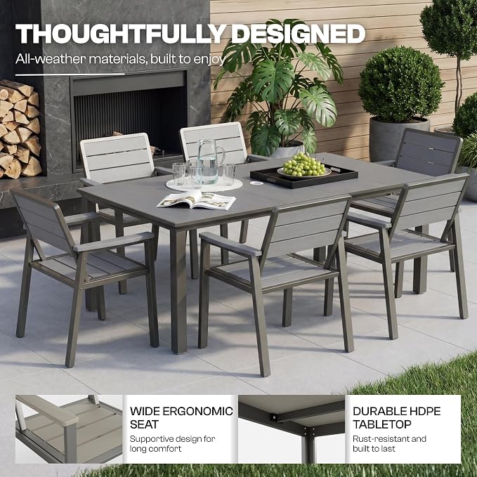 7 Piece Patio Dining Set for 6, Outdoor HDPE Table and Chairs with Umbrella Hole, All Weather Outdoor Furniture for Backyard, Deck, Lawn, Poolside, Grey