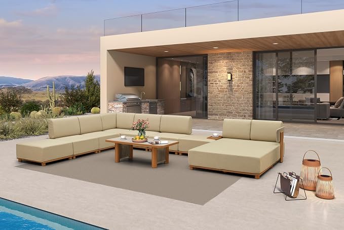 PURPLE LEAF Patio Furniture Set Modular U-Shaped Outdoor Sectional Sofa with 11" Thick Cushion 9-Piece Outdoor Conversation Set w/Daybed & Coffee Lights for Backyard Ottomans & Table Included, Beige