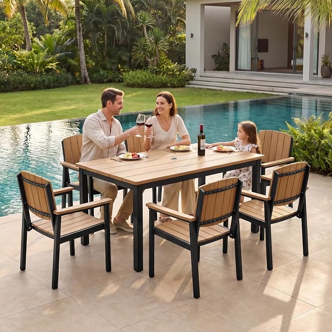 Outdoor Dining Sets Patio Table and Chairs Set 7-Piece, Aluminum Frame HDPS Faux Wood, All Weather Patio Dining Set with Umbrella Hole for Garden Backyard Poolside Nature Wood