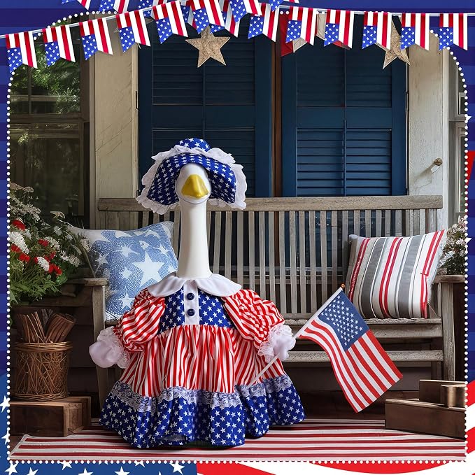 Soulchen 1 Set 4th of July Porch Goose Outfit 23 Inch Cement American Flag Patriotic Goose Dress Clothes and Hat Set for 250th Anniversary Independence Party Yard Lawn Outdoor Garden Patio Decor