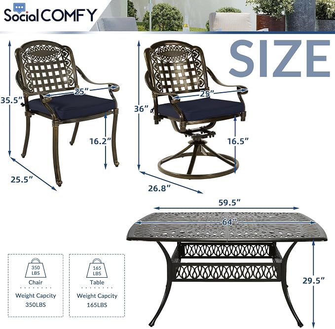 SOCIALCOMF 9-Piece Patio Cast Aluminum Dining Set, Outdoor Table and Chairs Set for 8, Includes 64" Large Square Dining Table, 4 Stationary, 4 Swivel Dining Chairs with Umbrella Hole, Navy Blue