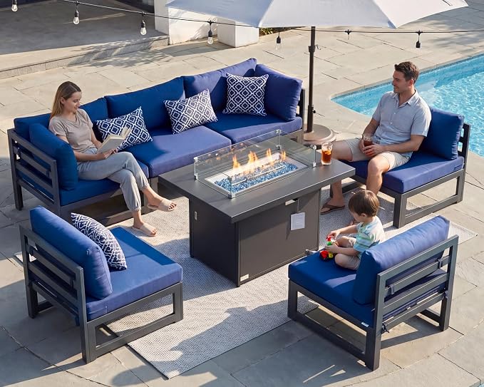 BULEXYARD 7 Piece Extra Large Modern Aluminum Outdoor Sofa with Fire Pit Table, 29" Deep Wide Seat, 500 lbs Durable Sectional Set for Heavy People, Anti-Rust Patio Furniture Set for Garden, Navy Blue