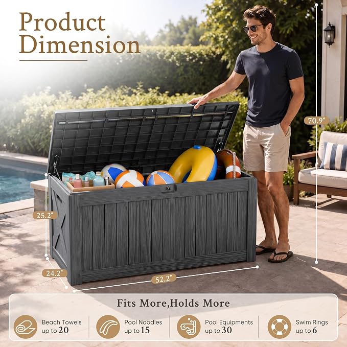 Devoko 120 Gallon Deck Box Resin Outdoor Storage Box Waterproof for Patio, Large Outdoor Storage Bench Lockable for Outside (Grey)