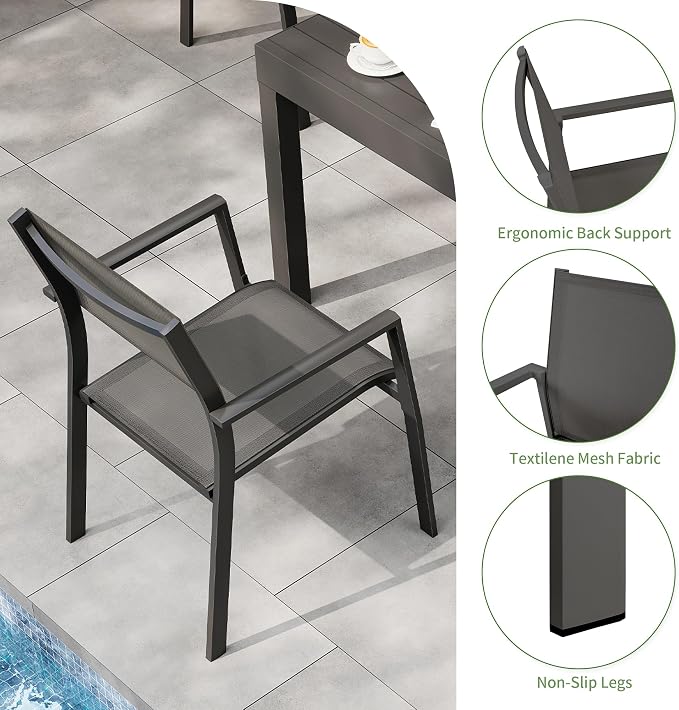 5 Piece Outdoor Dining Set, Expandable Outdoor Patio Dining Table Set for 4-6 Person, Aluminum Outdoor Table and 4 Chairs with Textilene Fabric & Armrest for Patio, Garden, Lawn, Deck(Black)