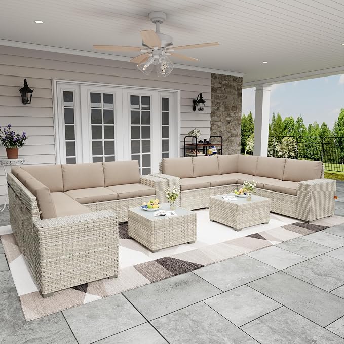 12 Piece Patio Furniture Set, 9.8" Wide Arm Sectional Sofa with Storage Armrests, All-Weather Rattan Outdoor Conversation Set for Garden, Porch, Lawn, Backyard, Balcony, Khaki