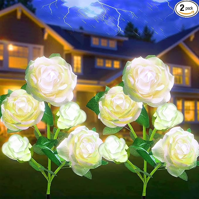 Solar Flowers Lights Outdoor Garden Waterproof [Updated] 2 Pack 10 White Roses Decortive Lights for Garden Patio Yard Grave Decorations for Cemetery