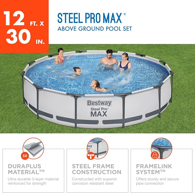 Bestway Steel Pro MAX Above Ground Swimming Pool (12' x 30") | Round Outdoor Backyard Family Pool with Tritech® Puncture-Resistant Liner | Easy Setup | Includes Filter Pump for Clean, Clear Water