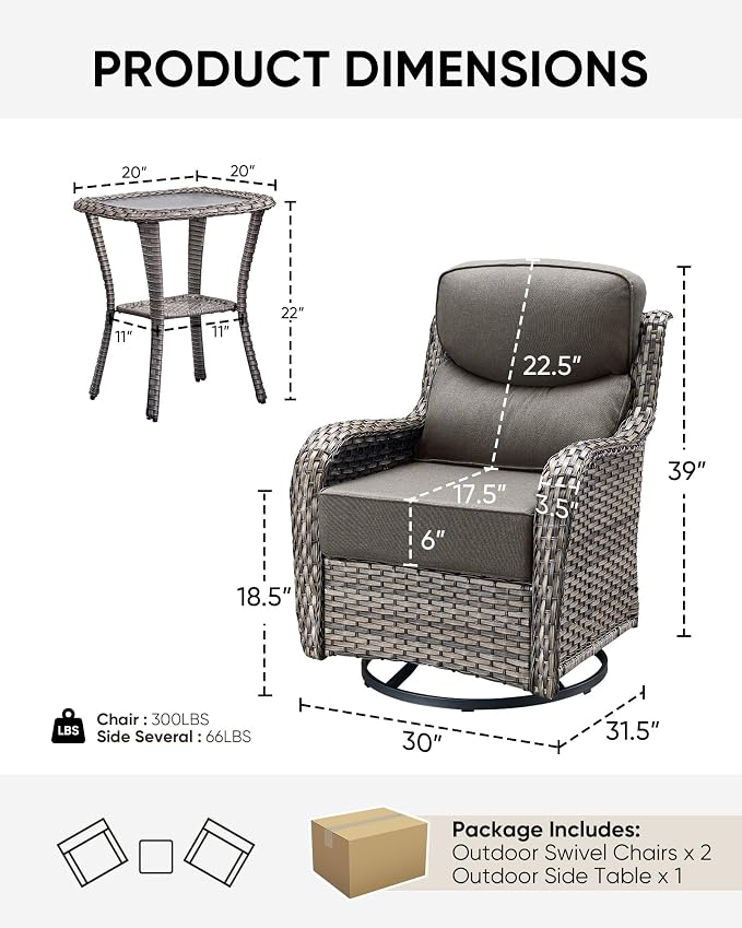 HUMMUH Outdoor Patio Wicker Swivel Rocker Chairs with 6-Inch Thick Cushion High Back 3 PCS Wicker Conversation Set for Porch Balcony Deck