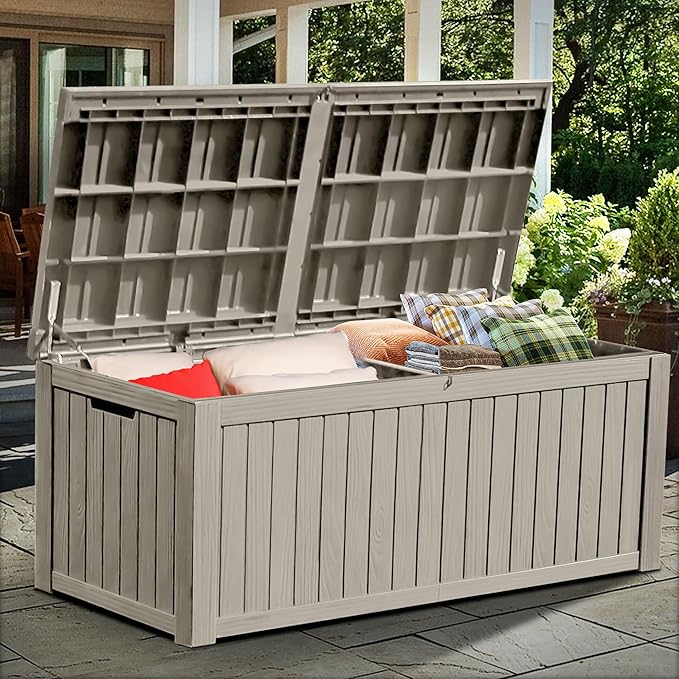 YITAHOME 180 Gallon Large Deck Box w/Divider, XL Waterproof Outdoor Storage for Patio Furniture,Outdoor Cushions, Garden Tools, Sports Equipment and Pool Supplies, Resin, Lockable, Taupe