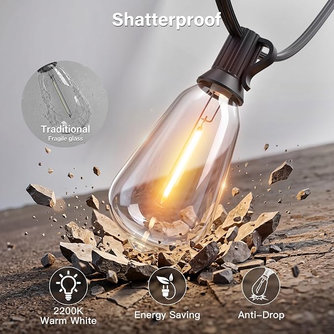 Ollny Outdoor String Lights 40FT, Bright Shatterproof Connectable Outside String Lights with 15 ST38 Vintage Edison Bulbs, 2200K Warm White Waterproof Patio Light for Yard Gazebo Porch Balcony