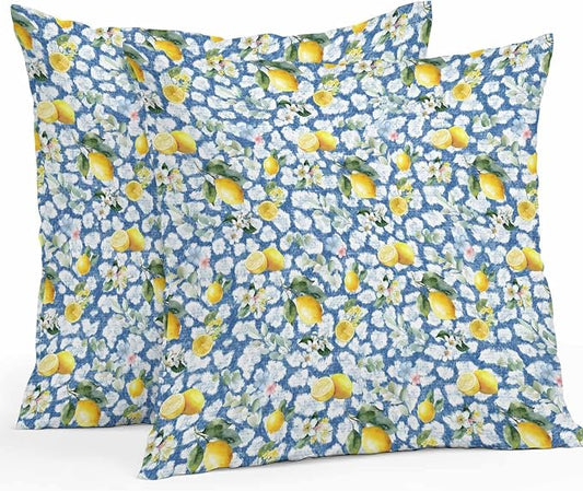 Yukro Summer Lemon Outdoor Waterproof Pillow Covers Pack of 2, Yellow Fruit White Flowers Country Plant Blue Throw Pillowcases Decorative Cushion Covers for Garden Patio Tent Sofa Couch, 24x24 inch