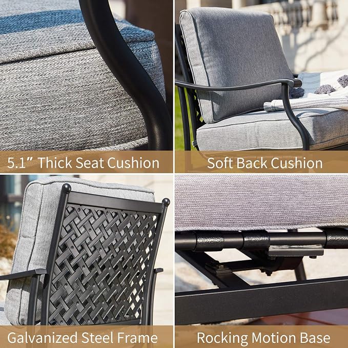 Patio Chairs Bistro Rocking Sofa Chair Modern Outdoor Furniture Set Conversation Sets with 5.1 Inch Thick Seat Cushions (2PCS-2, Grey)
