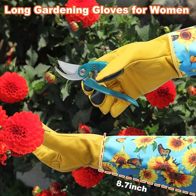 DLY Garden Gloves for Women,Gardening Gloves,Garden Gift for Lady,Blue,XL | Thornproof Cowhide Palm, Foam-Padded Grip, Long Sunflower Print Cuff, 3-Finger Touchscreen, Rose Pruning, Weeding & Yard Work