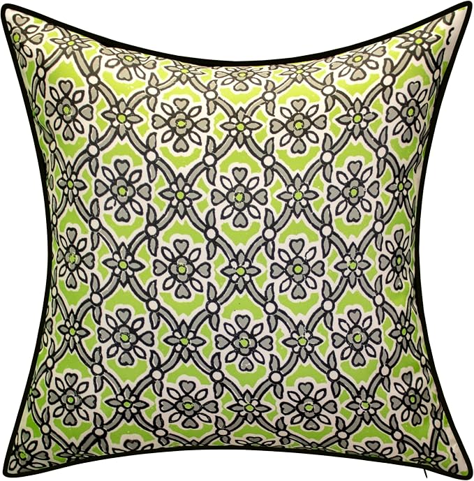 Edie At Home Antique Tile Print Square Decorative Throw Pillow for Patio Furniture, Sofa, Chair, or Bedroom, Reversible, Indoor and Outdoor Collection, 18 x 18 inches, Leaf Green/Black