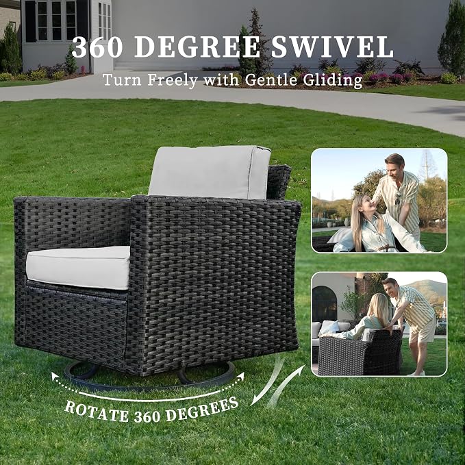 UDPATIO Patio Furniture Set, 5 Pieces Outdoor Conversation Sets with Rocking Swivel Chairs, Wicker Rattan Outdoor Sofa Set with Storage Table and Waterproof Covers for Backyard, Deck, Light Grey