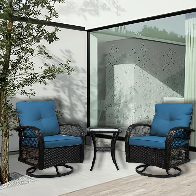 Outdoor Swivel Rocker Patio Chairs with Cushions，Outdoor Swivel Rocking Chairs Set of 2 with Rattan Side Table，360 Degree Swivel Seat Patio Furniture Set for Outside Porch Deck，3 Pieces