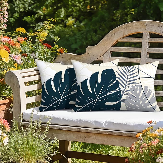 OTOSTAR Outdoor Waterproof Throw Pillow Covers 12x20 Inch Set of 2 Double-Sided Dark Blue Grey Tropical Leaf and Flower Spring Summer Decorative Pillow Cases for Patio Funiture Garden Balcony Couch