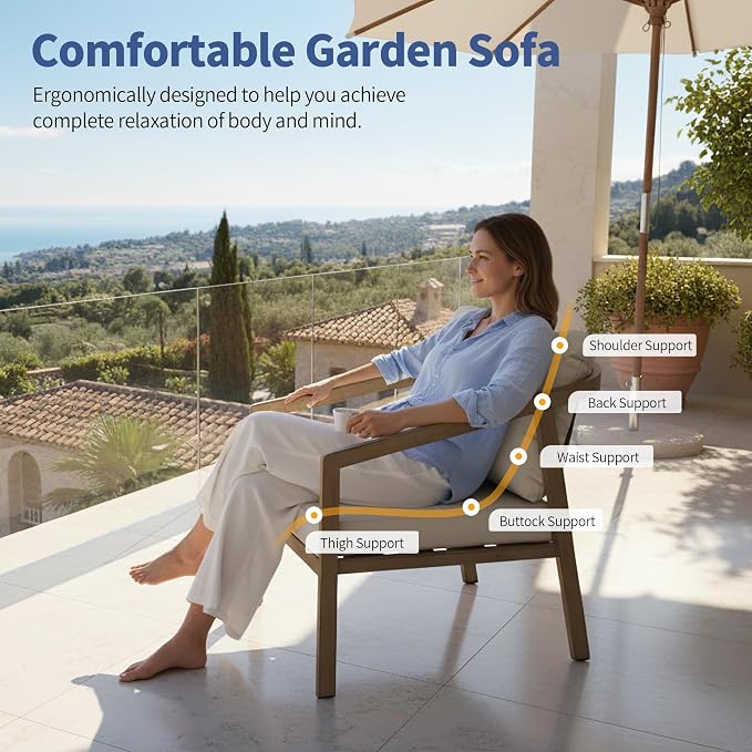 Patio Sofa Chairs Set of 2, Never-Rust Aluminum Outdoor Club Chairs with Washable Thick Cushions, All-Weather Modern Armchair Set for Porch, Deck, Garden, Backyard (Brown+Beige)