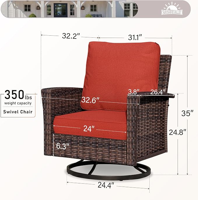 SUNSHINE VALLEY Patio Wicker Swivel Chairs Set of 2, Outdoor High Back Chairs with 5.5" Waterproof Cushions, Outdoor Furniture Set for Deck Porch and Yard, Red