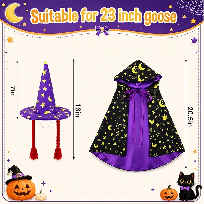 Watayo 2 Pcs/Set Halloween Witch Porch Goose Outfits, Purple Witch Goose Clothes Included Cape and Braid Hat, Spooky Porch Goose Accessories for 23 Inch Lawn Statue Garden Outdoor Decor