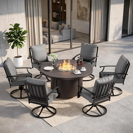 7 Pieces Outdoor Patio Furniture Set with 48" 55000 BTU Round Propane Fire Pit Table,Patio Dining Set Outdoor Conversation Sets 6 Swivel Chairs for Deck,Backyard and Garden,Grey