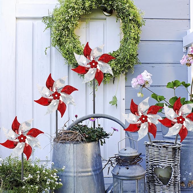 Hausse 10 Pack Reflective Pinwheels (Assembly Required), Sparkly Wind Sculptures for Garden Christmas Holiday Winter Decor, Deterrent to Scare Birds Away from Yard Patio Farm, Red & Silver